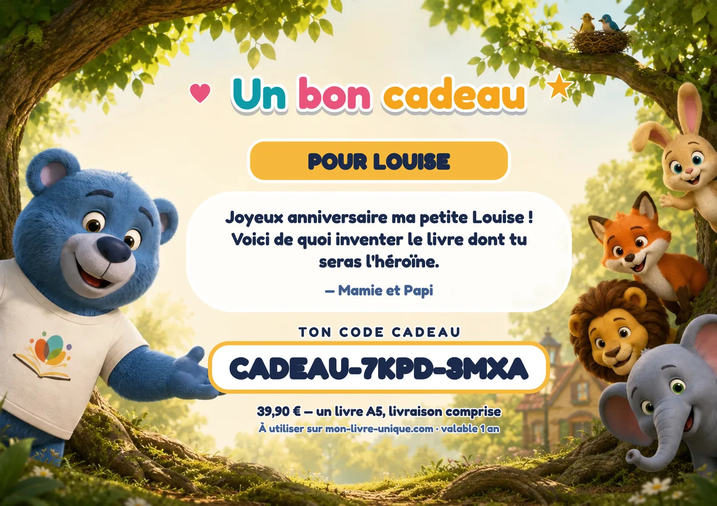 Exemple de bon cadeau Mon Livre Unique avec le message de l'offrant et le code à utiliser